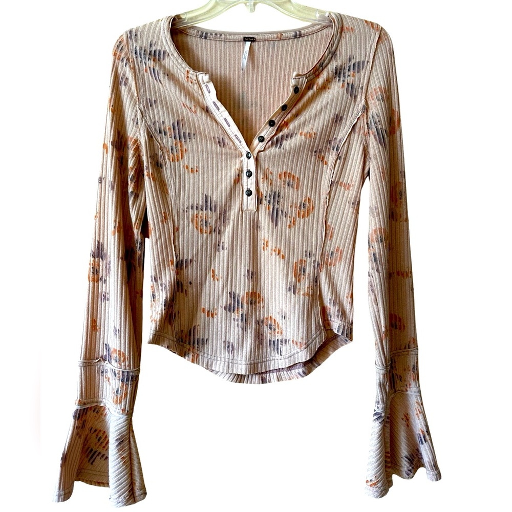 Free People Layer Me Hanley - Just Peachy Floral Ribbed Shirt, Size S